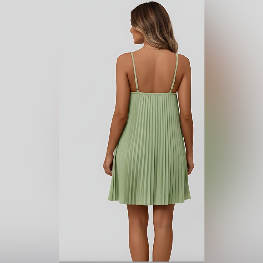 Pleated Spaghetti Strap Mini Dress Green - Picture 6 of 8